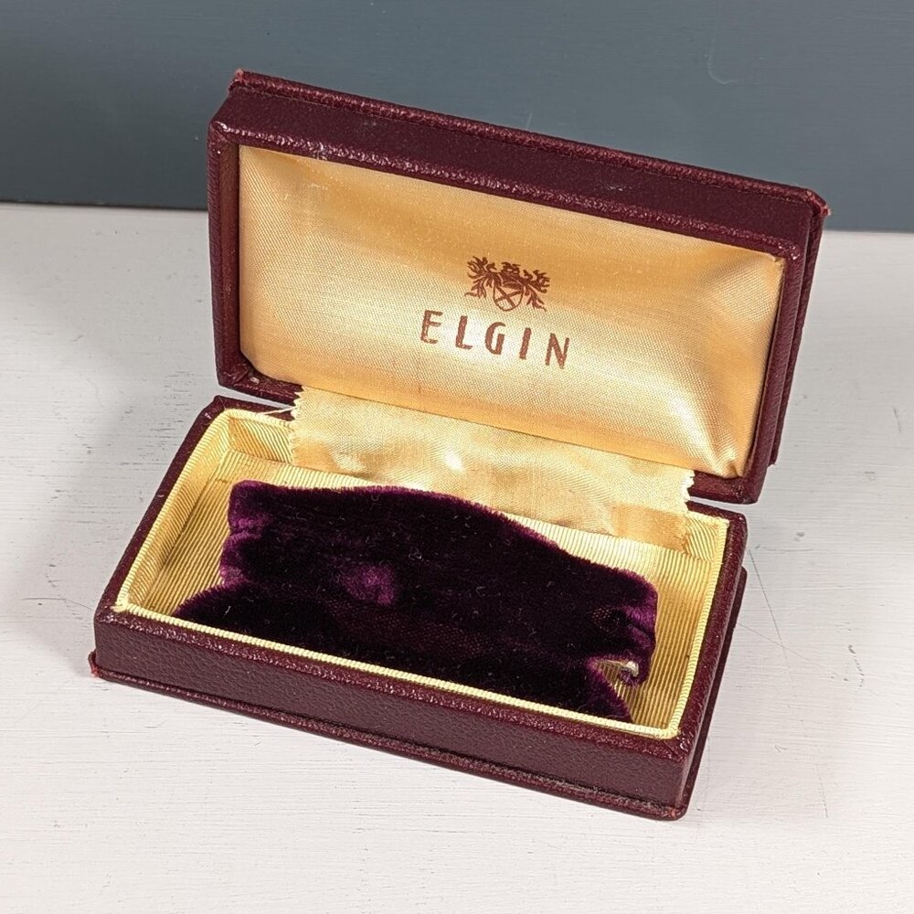 Vintage Art Deco Elgin Watch Display Box in red leather, heirloom watch
